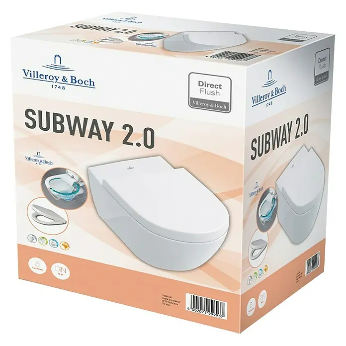 Villeroy & Boch Subway 2.0 Wand-WC-Set - Spülrandlos, Ohne Spezialglasur, Spülform: Tief, WC Abgang: Waagerecht, Weiß - Verpackung einer Villeroy & Boch Subway 2.0 Toilette mit Direct Flush-System. Das moderne Design und die innovative Spültechnologie werden hervorgehoben.