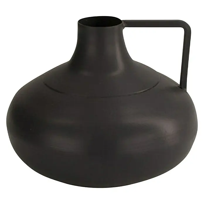 Vase - Ø x H: 13 x 10,5 cm, Metall, Grau - Schwarze Metallvase mit Henkel. Ideal für Dekorationen oder als stilvolles Gefäß für Pflanzen. Ein echter Hingucker für jeden Raum.