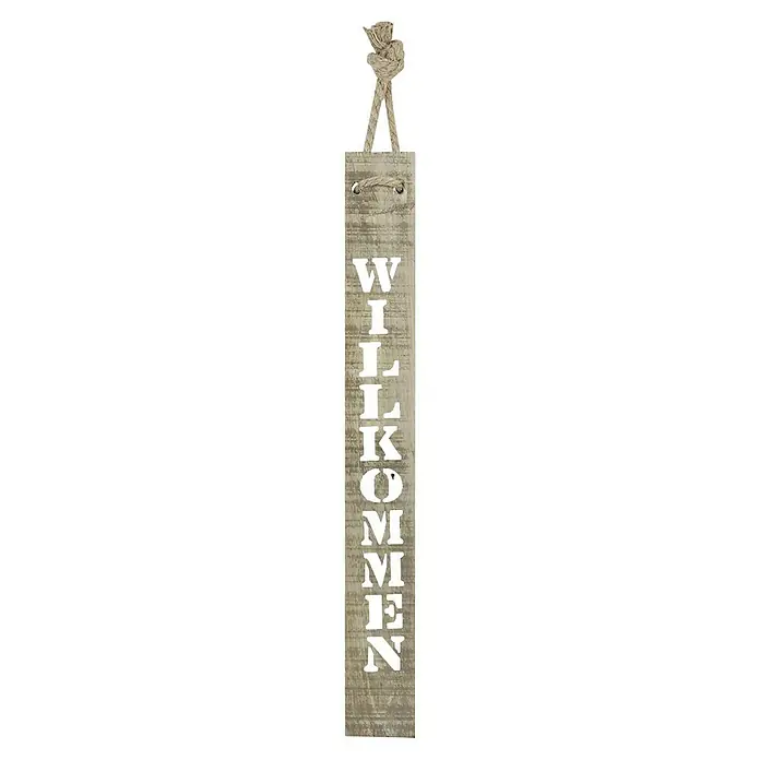 Wandobjekt Willkommen - 10 x 78 cm, Holz - Rustikales Holzschild mit der Aufschrift "Willkommen" und dekorativer Seilaufhängung. Perfekt für den Eingangsbereich oder als einladendes Dekorationselement.
