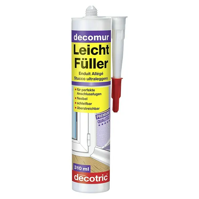Decotric decomur Fertigspachtel Leichtfüller - 310 ml, Kunststoffkartusche - Die Leichtfüller Kartusche von decomur ist ideal zum Füllen von Anschlussfugen und Ausbessern von Stuck, da sie flexibel und überstreichbar ist.