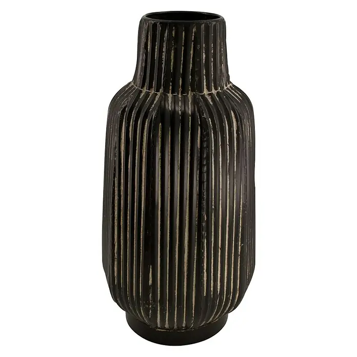 Vase - Ø x H: 19,5 x 39,5 cm, Metall, Schwarz - Eine gerillte, hohe, schwarze Vase, die ein elegantes Dekorstück darstellt. Das Design verleiht jedem Raum eine künstlerische Note.
