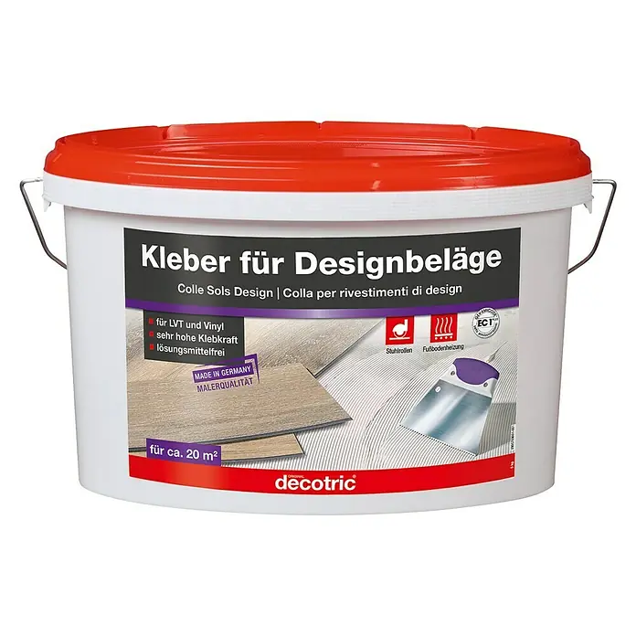 Decotric Bodenbelagskleber für Designbeläge - 5 kg, Lösemittelfrei - Ein Eimer Decotric Kleber für Designbeläge, ideal für LVT und Vinylböden, mit sehr hoher Klebkraft und lösungsmittelfreier Formel.