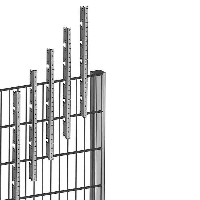 BRIGX Winkel - L x B x H: 596 x 40 x 20 mm, Passend für: Stabmatten - Darstellung eines Sicherheitszauns mit Metallpfosten und stabilen vertikalen Elementen. Robustes Design für erhöhten Schutz.