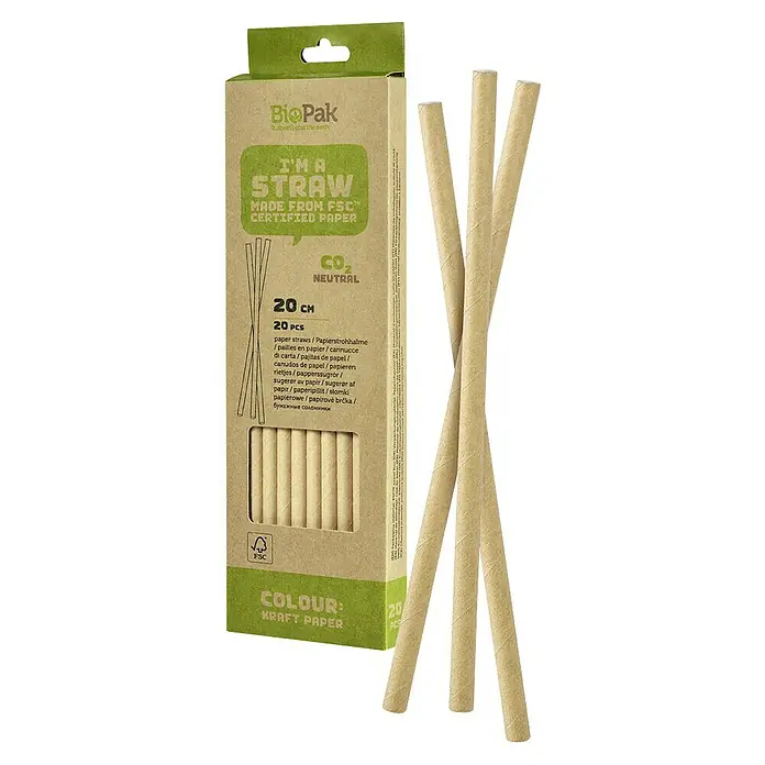Duni Strohhalm Pappe - 20 Stk., Natur, Papier - Eine Packung BioPak Papierstrohhalme aus FSC-zertifiziertem Papier in der Farbe Kraftpapier, 20 Stück pro Packung, CO2-neutral.