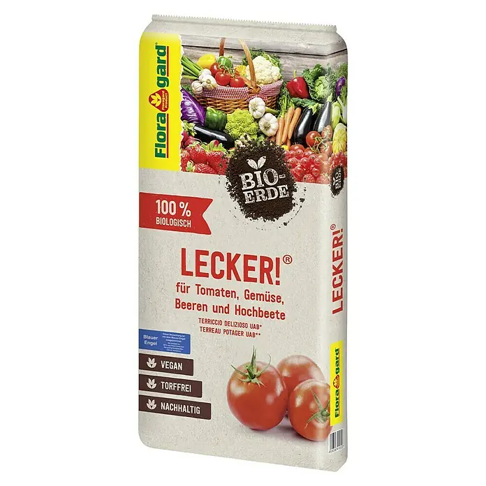 Floragard Bio-Tomaten- & Gemüseerde Lecker! - 20 l - Abbildung einer Packung Floragard Lecker! Bio-Erde für Tomaten, Gemüse, Beeren und Hochbeete. 100 % biologisch, vegan und torffrei.