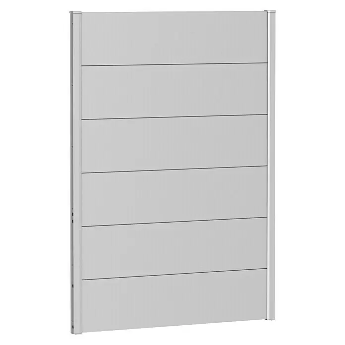 Biohort Sichtschutzelement - B x H: 100 x 135 cm, Stahl, Silber Metallic - Helles graues Zaunpaneel mit horizontalen Lamellen und vertikalen Stützen.