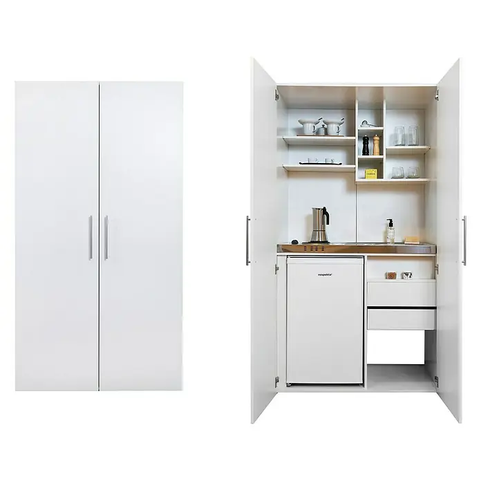 Respekta Schrankküche Peter - Breite: 104 cm, Weiß, Mit Duo-Kochmulde - Ein voll ausgestatteter, kompakter Küchenschrank mit Kühlschrank, Spüle und Regalen. Ideal für kleine Räume oder als Ergänzung.