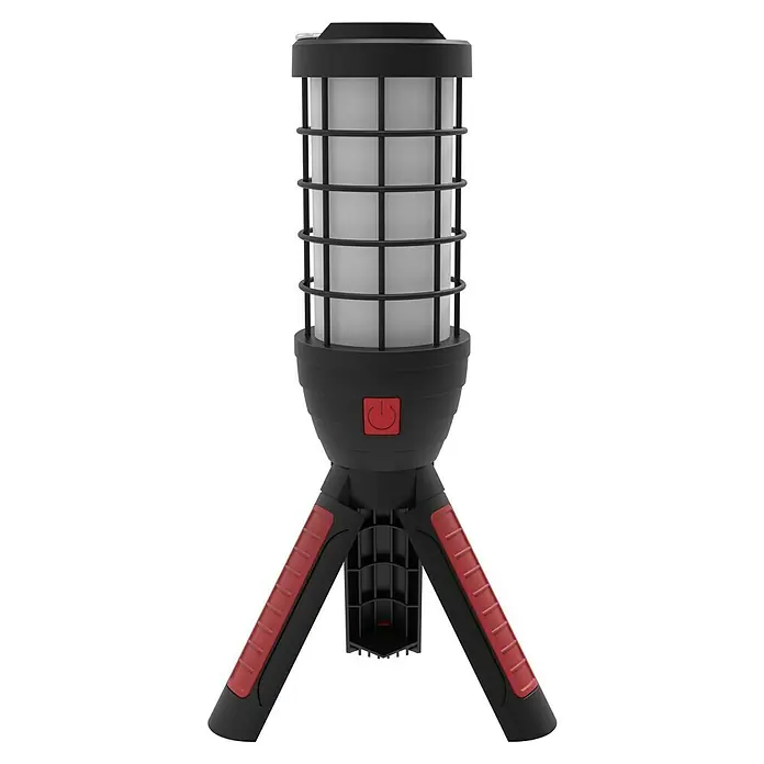 BAUHAUS LED-Arbeitsleuchte Work 800 - 1 Akku, 100 lm - 800 lm, Höhe: 370 mm - Bild einer tragbaren LED-Arbeitsleuchte mit Stativ. Sie hat ein robustes Design mit einem Schutzgitter und einem roten Netzschalter.
