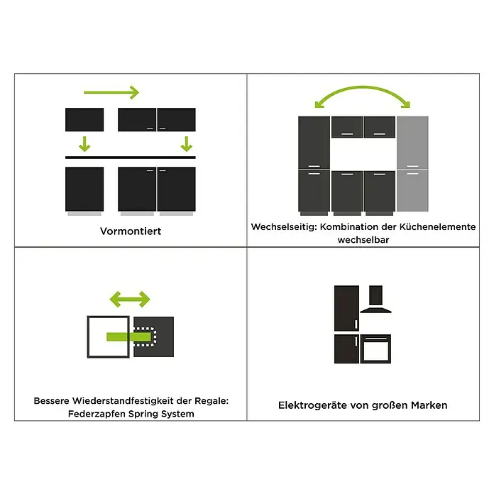 Marinelli Cucine Vormontierte Küchenzeile Rita - Breite: 270 cm, Eiche Grau, Mit Elektrogeräten - Küchenfunktionssymbole: Vormontage, austauschbare Kombinationen, Regalwiderstandsfähigkeit, Markengeräte für eine vielseitige und hochwertige Küche.