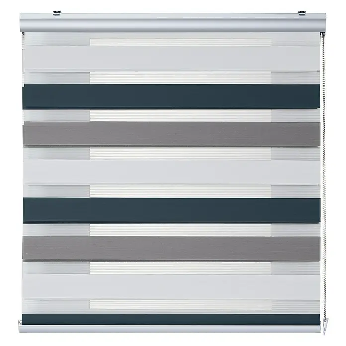Estor noche y día Platinum - An x Al: 120 x 250 cm, Tricolor - Primer plano de un estor Zebra en tonos de gris, blanco y azul para la privacidad y el control de la luz en la habitación.