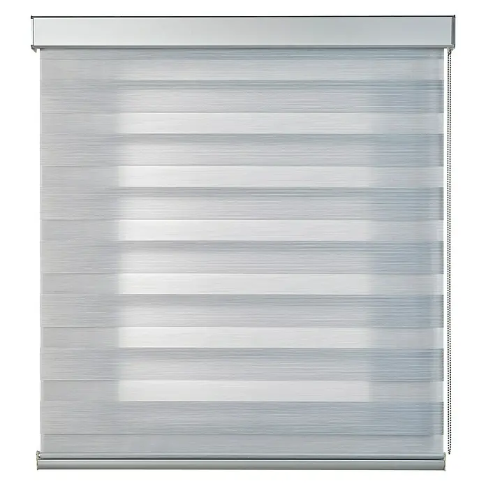Estor noche y día Platinum Square - An x Al: 180 x 250 cm, Plateado - Primer plano de una persiana enrollable blanca moderna, con rayas horizontales y cadena lateral. Ideal para un hogar moderno.