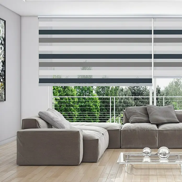 Estor noche y día Platinum - An x Al: 120 x 250 cm, Tricolor - Diseño moderno con persianas cebra elegantes en tonos grises y blancos, que crean un ambiente luminoso y agradable.