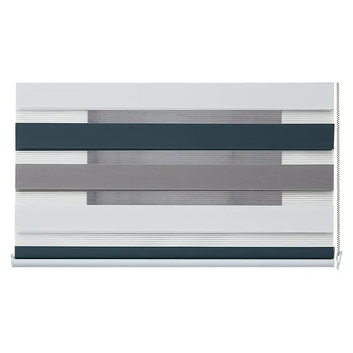 Estor noche y día Platinum - An x Al: 120 x 250 cm, Tricolor - La imagen muestra un estor enrollable dúo horizontal moderno en tonos gris, blanco y azul. Las persianas ofrecen una decoración elegante de la ventana.
