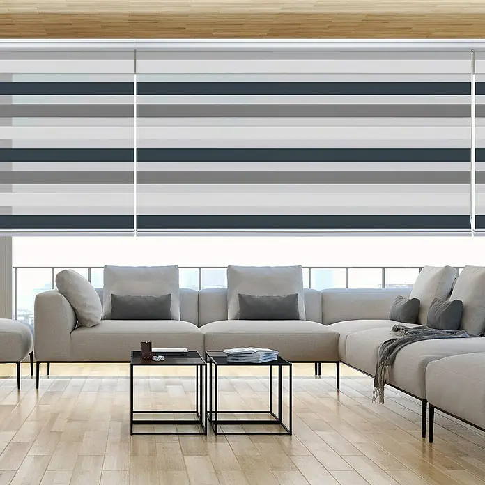 Estor noche y día Platinum - An x Al: 120 x 250 cm, Tricolor - Elegantes persianas enrollables cebra grises y blancas, que filtran la luz con elegancia y ofrecen privacidad. Ideal para espacios modernos.