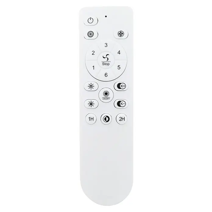 Arte confort Ventilador de techo Nairobi - Blanco, 59 cm, 16,5 W, Blanco neutro - Primer plano de un mando a distancia blanco para controlar un ventilador de techo, con varios botones para luz, velocidad del ventilador y temporizador.