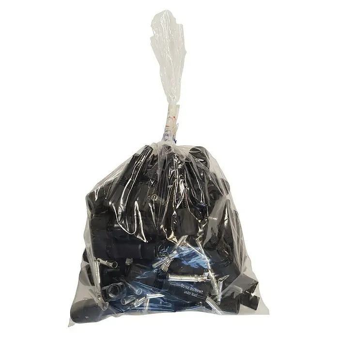Conectores MC4 Multicontact - Negro, MC4 - Una bolsa transparente llena de conectores MC4 negros y contactos de clavija correspondientes para paneles solares con la advertencia "No desconectar bajo carga".