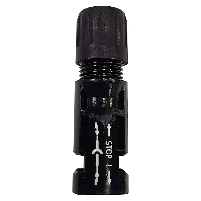 Conectores MC4 Multicontact - Negro, MC4 - Primer plano de un conector de cable solar negro con una marca blanca que indica la dirección de desbloqueo, y un tapón de rosca.