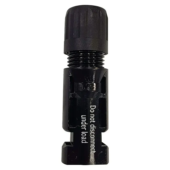 Conectores MC4 Multicontact - Negro, MC4 - Conector solar negro con la etiqueta "No desconectar bajo carga", utilizado para sistemas fotovoltaicos.