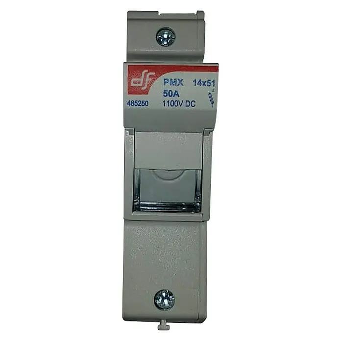 Base portafusibles y fusible de 30A - 30 A, Gris, 1.000 V - Vista detallada de un fusible de 50A 1100V DC PMX 14x51, un componente eléctrico diseñado para proteger circuitos de sobrecorriente.