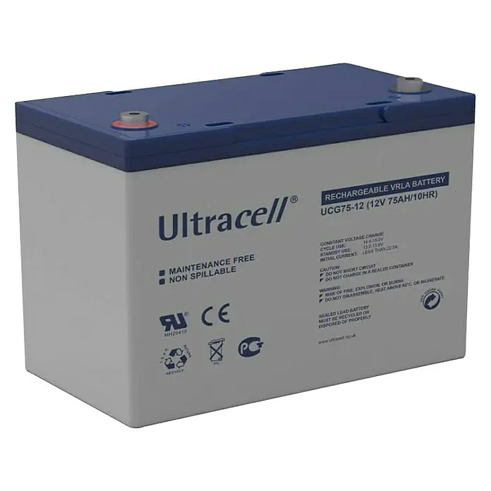 Batería de gel solar Ultracell - 75 Ah, L x An x Al: 16,8 x 25,9 x 21,4 cm - Una batería Ultracell UCG75-12 VRLA, recargable y sin mantenimiento, con 12V y 75Ah/10HR, ideal para una alimentación confiable.