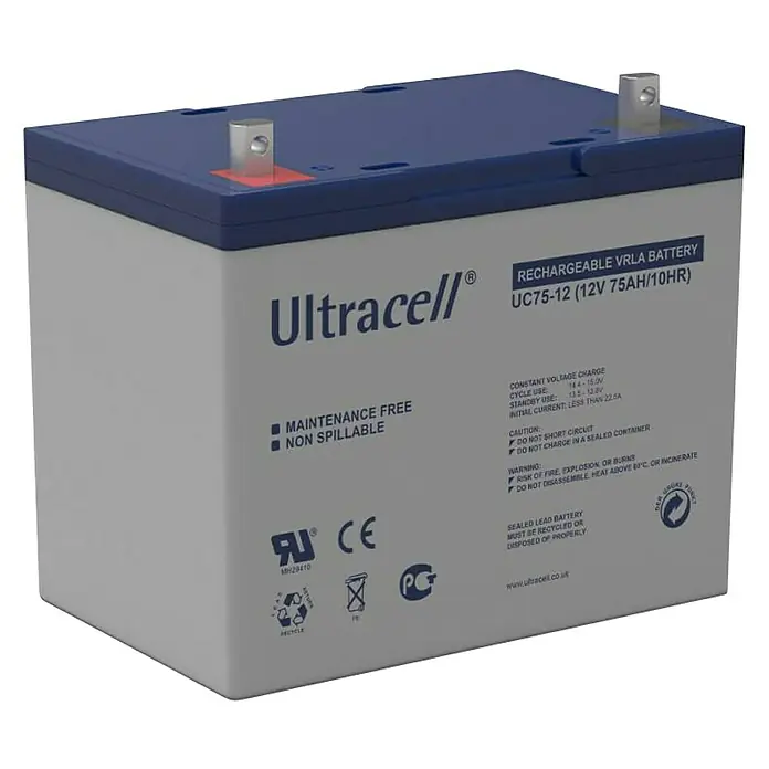 Batería solar AGM Ultracell - 75 Ah, L x An x Al: 16,8 x 25,9 x 22,8 cm - Aquí tienes una batería VRLA recargable Ultracell UC75-12 (12V 75AH/10HR), sin mantenimiento y no derramable.