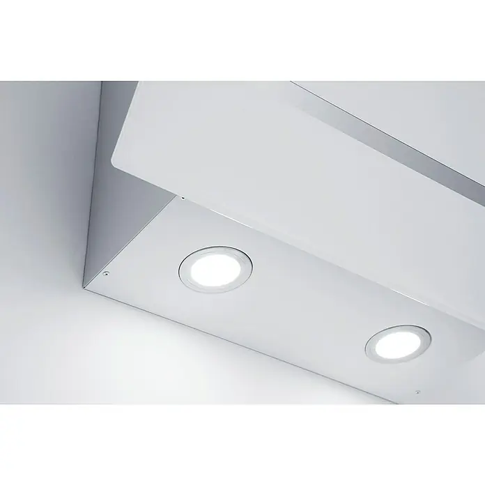 Respekta Schräghaube Hera - Breite: 59,5 cm, Max. Gebläseleistung Abluftbetrieb: 567,9 m³/h, Weiß/Silber - Nahaufnahme einer modernen Dunstabzugshaube mit zwei runden LED-Leuchten, die ein helles Licht abgeben.\n