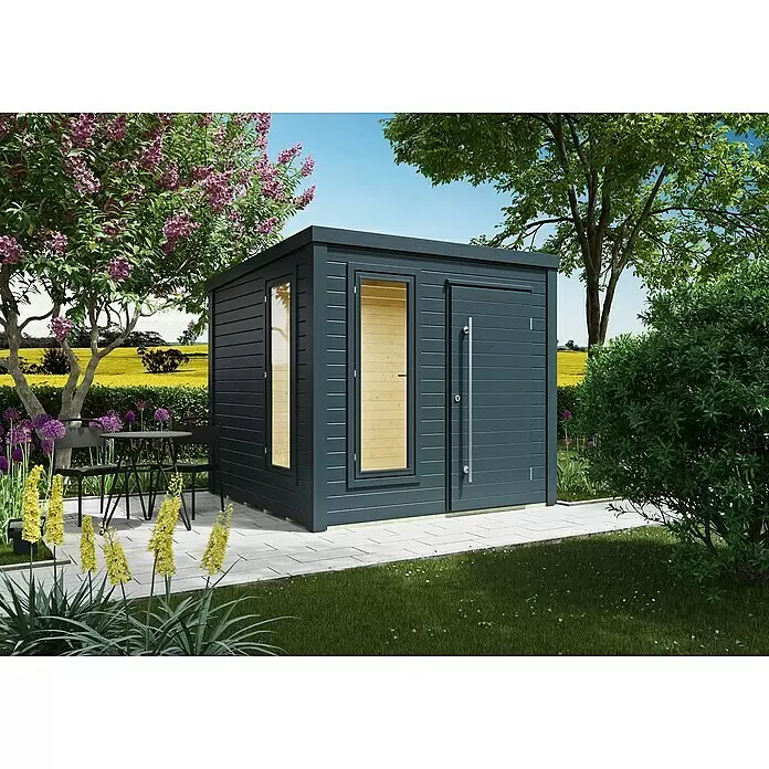 Kiehnholz Gartenhaus Cube 3.0 - Außenmaß inkl. Dachüberstand (B x T): 253 x 263 cm, Holz, Anthrazit, Mit EPDM Dachsystem - Dunkelgraues Gartenhaus mit horizontaler Verkleidung, Fenstern und silbernem Griff auf einer Terrasse.