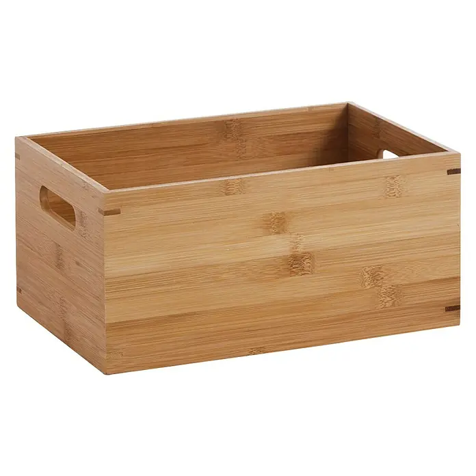 Zeller Present Holzkiste - L x B x H: 30 x 20 x 14 cm, Braun, Bambus - Bild einer rechteckigen Bambusbox mit Griffen, ideal zur Aufbewahrung verschiedener Gegenstände.