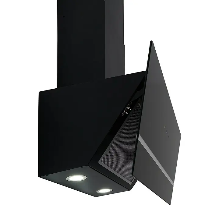 Respekta Schräghaube Hera - Breite: 59,5 cm, Max. Gebläseleistung Abluftbetrieb: 567,9 m³/h, Schwarz/Silber - Produktansicht der schwarzen Dunstabzugshaube mit hellem Licht. Ein elegantes Gerät für jede moderne Küche.