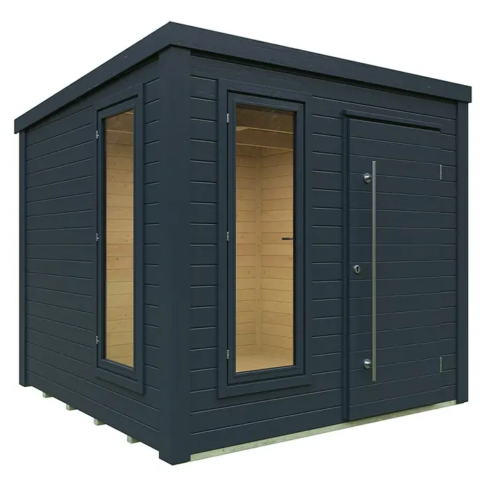 Kiehnholz Gartenhaus Cube 3.0 - Außenmaß inkl. Dachüberstand (B x T): 253 x 263 cm, Holz, Anthrazit, Mit EPDM Dachsystem - Modernes Gartenhaus mit zwei Fenstern und einer Tür aus dunkelgrauem Holz mit silbernem Türgriff.