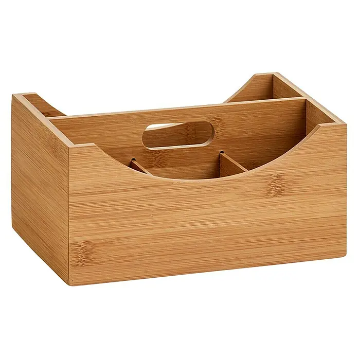 Zeller Present Holzkiste - L x B x H: 25 x 18 x 12 cm - Abgebildet ist ein Organizer aus Bambus mit Fächern und Griffloch, ideal für Büro oder Küche zur Aufbewahrung verschiedener Utensilien.