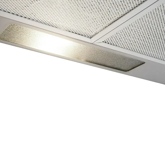 Respekta Flachschirmhaube Citrin - Breite: 60 cm, Edelstahl, Max. Gebläseleistung Abluftbetrieb: 204,1 m³/h - Nahaufnahme einer Dunstabzugshaube mit Beleuchtung und Metallgitter, ideal für die Küchenausstattung.