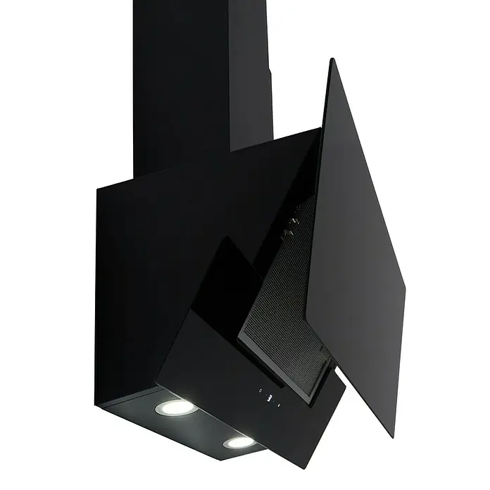 Respekta Schräghaube CH 66038-60SAM - Breite: 60 cm, Max. Gebläseleistung Abluftbetrieb: 567,9 m³/h, Schwarz - Nahaufnahme einer modernen, schwarzen Dunstabzugshaube mit LED-Beleuchtung und einem eleganten Design. Perfekt für jede moderne Küche.