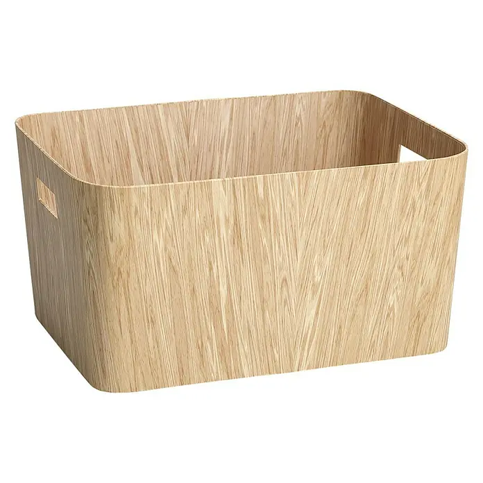 Zeller Present Aufbewahrungsbox - L x B x H: 39,5 x 30,5 x 20,3 cm, Pappe, Braun - Ein rechteckiger Holzbehälter mit Griffen, ideal für die Aufbewahrung. Die helle Holzmaserung verleiht ihm eine natürliche Ästhetik.
