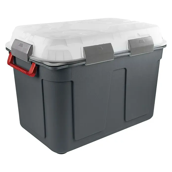 Sunware Aufbewahrungsbox Q-Line - L x B x H: 79 x 54,5 x 54,5 cm, Kunststoff, Transparent/Anthrazit - Grauer Aufbewahrungsbehälter aus Kunststoff mit weißem Deckel und roten Griffen zum Organisieren von Gegenständen.