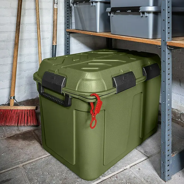 Sunware Aufbewahrungsbox Q-Line - L x B x H: 79 x 54,5 x 54,5 cm, Kunststoff, Grün - Eine olivgrüne Aufbewahrungsbox aus Kunststoff mit schwarzen Verschlüssen und rotem Anhänger steht auf einem gefliesten Boden.