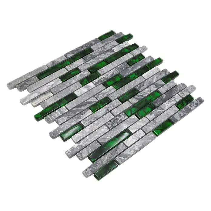 Mosaikfliese Verbund Crystal Mix XCM MV608 - 29 x 30 cm, Grau/Grün - Nahaufnahme einer rechteckigen Mosaikfliese in Grau- und Grüntönen, ideal für moderne Wandverkleidungen.
