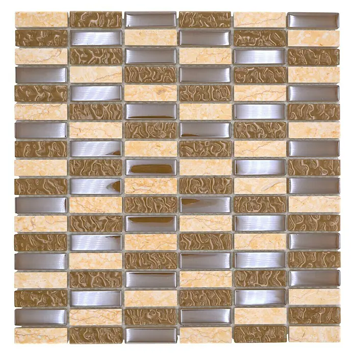 Mosaikfliese Stäbchen Crystal Mix XBH SM128 - 30,4 x 29,8 cm, Beige/Braun, Glänzend - Detailaufnahme eines Mosaikfliesenmusters mit beigen, braunen und silberfarbenen Akzenten, ideal für Badezimmer- oder Küchenrückwände.