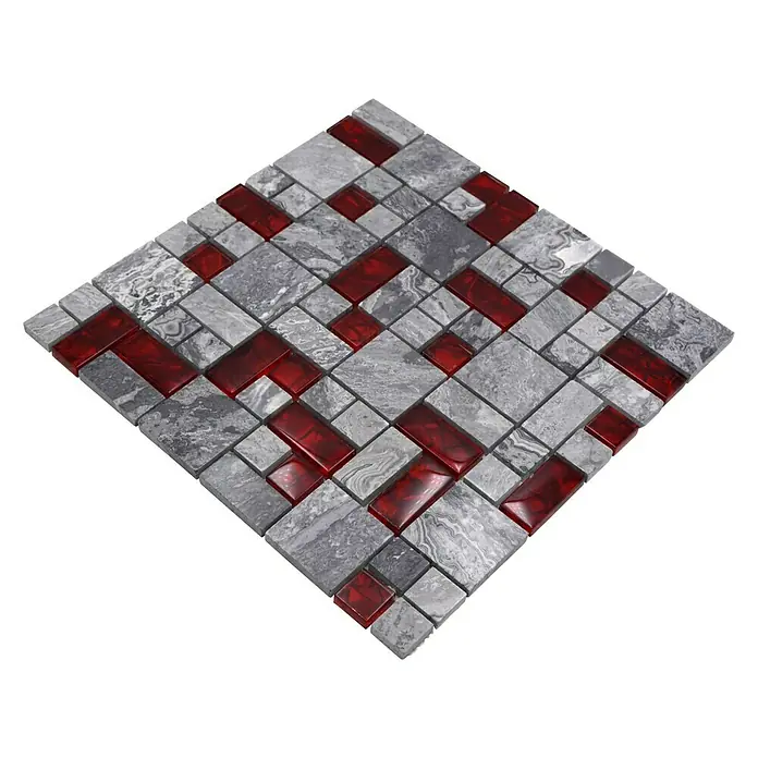 Mosaikfliese Kombi Crystal XCM MC519 - 30 x 30 cm, Rot/Grau - Quadratisches Mosaik aus grauem Stein und roten Glasfliesen, das ein elegantes und modernes Design für Innenräume bietet.
