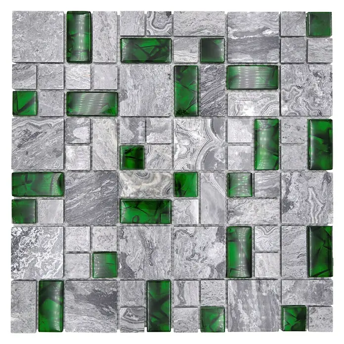 Mosaikfliese Kombi Crystal XCM MC509 - 30 x 30 cm, Grau/Grün - Muster aus grauen und grünen Mosaikfliesen, ideal für moderne Badezimmer oder Küchen. Die Fliesen haben eine glänzende, reflektierende Oberfläche.