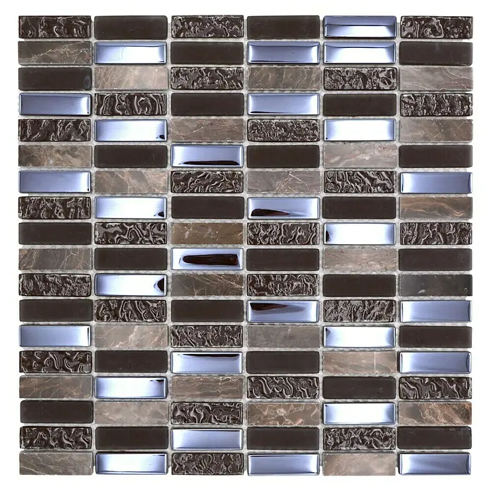 Mosaikfliese Stäbchen Crystal Mix XBH SM138 - 30,4 x 29,8 cm, Mix Braun, Glänzend - Bild einer Mosaikfliese mit verschiedenen Farben und Texturen, ideal für Badezimmer oder Küchen.