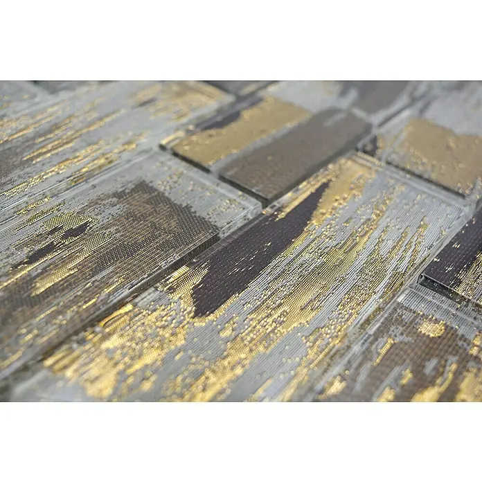 Mosaikfliese Rechteck Crystal Subway XCM SWGO - 30 x 30 cm, Gold/Schwarz, Matt - Nahaufnahme von Mosaikfliesen mit Goldakzenten, die ein luxuriöses und modernes Design für Innenräume bieten.