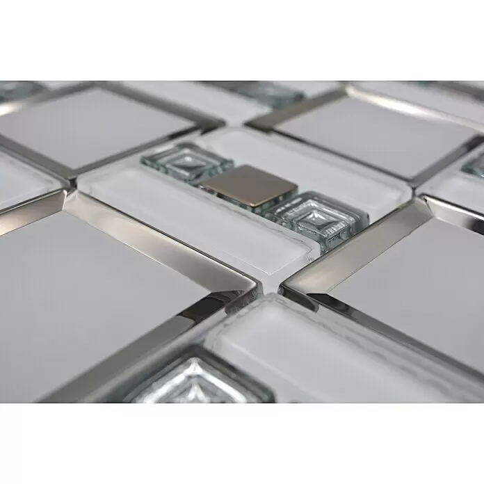 Mosaikfliese Kombi Crystal XCM SQ98 - 30 x 30 cm, Weiß/Grau, Glänzend - Detailaufnahme