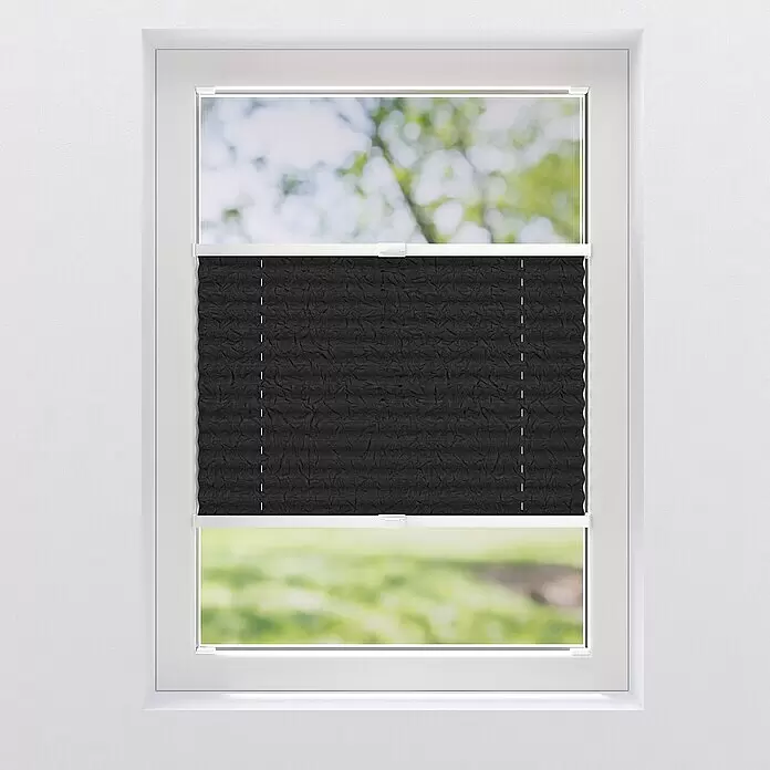 Expo Ambiente Plissee - B x H: 70 x 130 cm, Dunkelgrau - Schwarzes Plissee in einem Fenster, das die Sicht teilweise verdeckt.