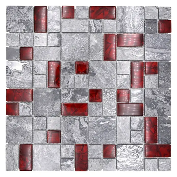 Mosaikfliese Kombi Crystal XCM MC519 - 30 x 30 cm, Rot/Grau - Graue Marmorfliesen mit roten Akzenten für ein elegantes und modernes Design.
