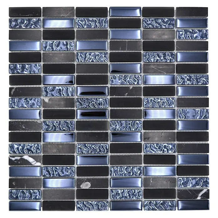 Mosaikfliese Stäbchen Crystal Mix XBH SM118 - 30,4 x 29,8 cm, Schwarz/Blau, Glänzend - Mosaikfliesen-Design mit eleganten schwarzen, grauen und blauen rechteckigen Fliesen für stilvolle Wand- und Bodenbeläge.
