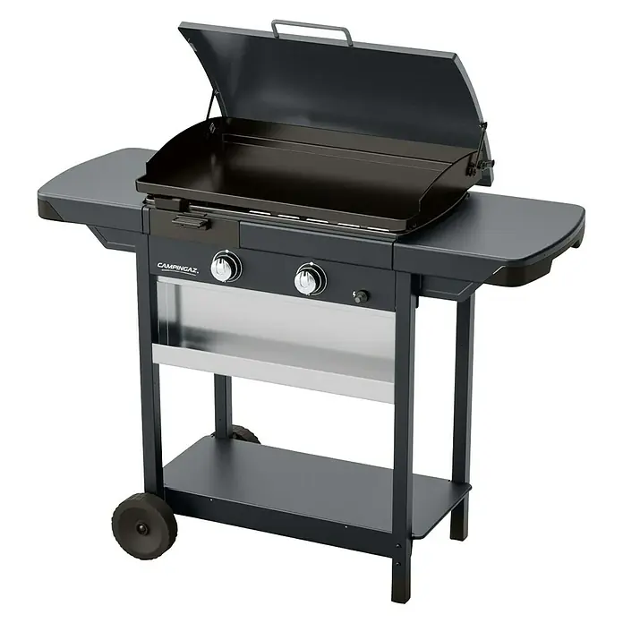 Campingaz Barbacoa de gas EX plus - Superficie de la parrilla (An x Pr): 60 x 40 cm, Número de quemadores: 2 - La parrilla Campingaz con tapa abierta y controles es una excelente opción para los amantes de la barbacoa.