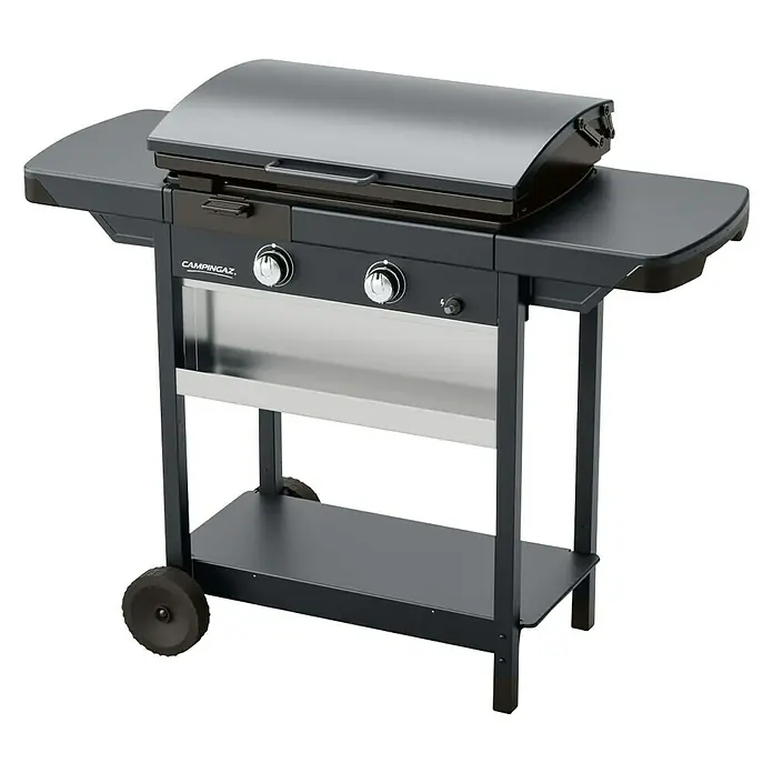 Campingaz Barbacoa de gas EX plus - Superficie de la parrilla (An x Pr): 60 x 40 cm, Número de quemadores: 2 - Imagen del producto de una barbacoa de gas Campingaz con estantes y ruedas, ideal para uso en exteriores.