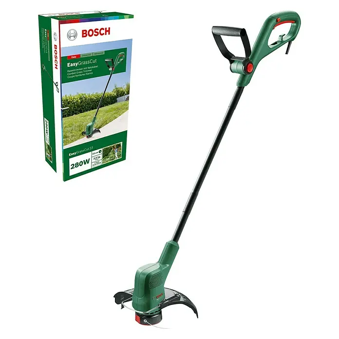 Bosch Recortabordes eléctrico EasyGrassCut 23 II - 280 W, Ancho de corte hilo: 23 cm - Imagen de un cortacésped con cable Bosch EasyGrassCut 23 y el embalaje del producto.