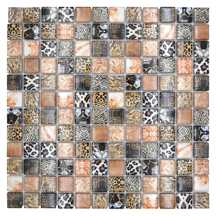Mosaikfliese Quadrat Crystal Wildlife XCM WL64 - 29,8 x 29,8 cm, Braun, Glänzend - Quadratische Mosaikfliese mit Tiermuster in verschiedenen Brauntönen, ideal für kreative Wand- und Bodengestaltungen im Innenbereich.